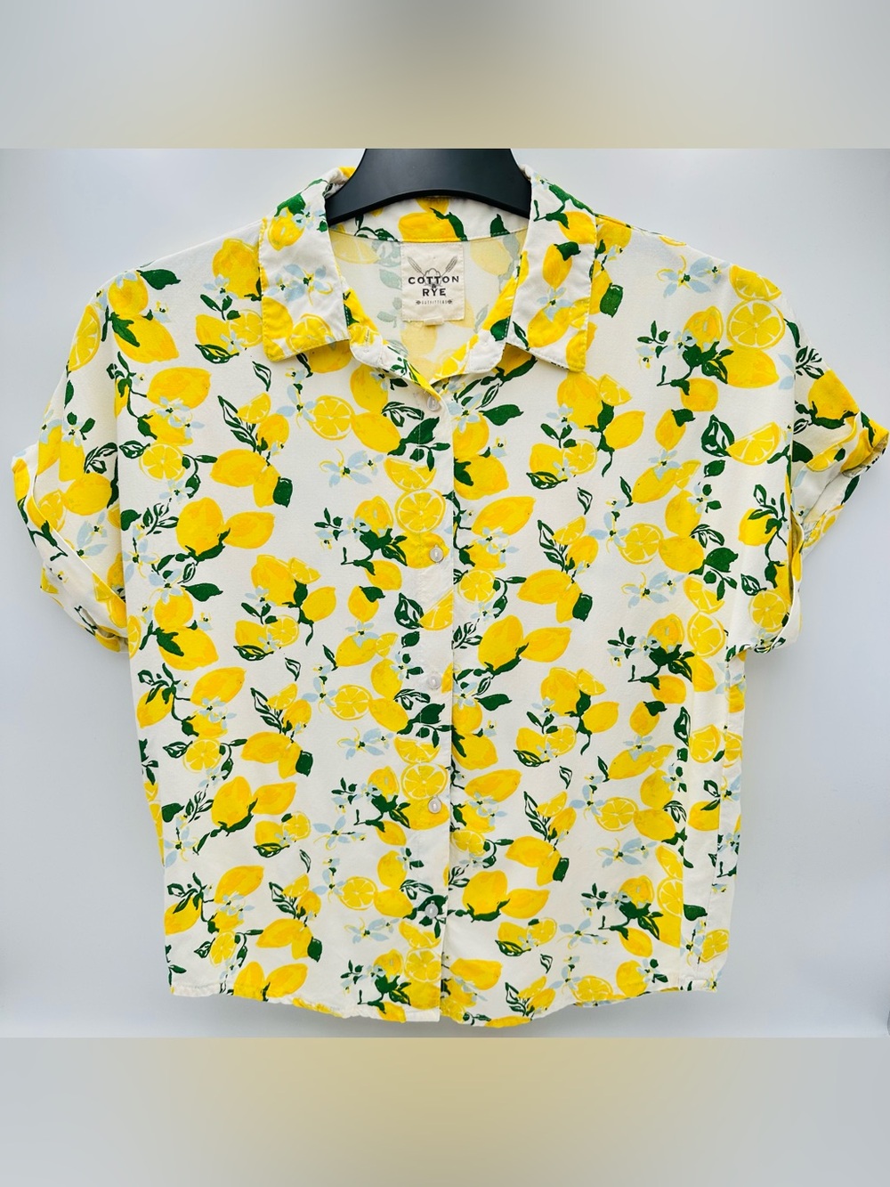 Cotton & Rye Lemon Print Button Down Short Sleeve Camp Shirt Top Size M